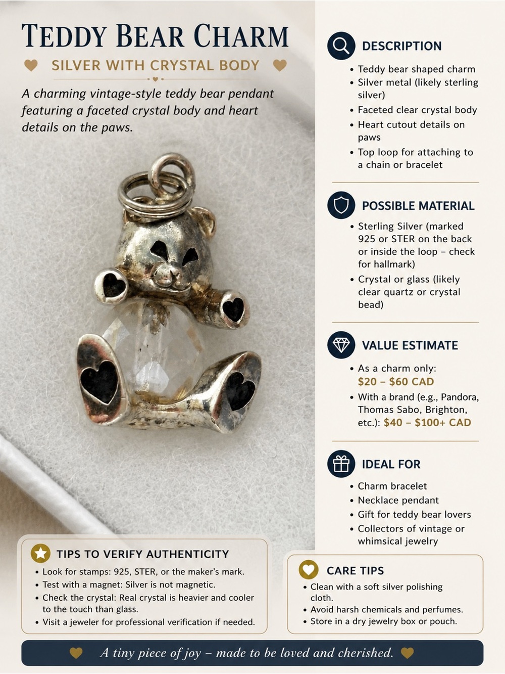Sterling Silver Crystal Teddy Bear Charm